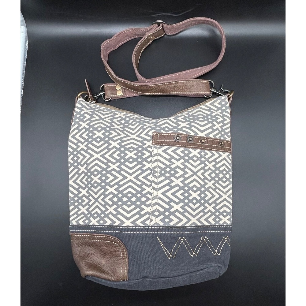 MYRA Leather Canvas Crossbody Shoulder Bag Blue Dusty Rose Paris Theme EUC